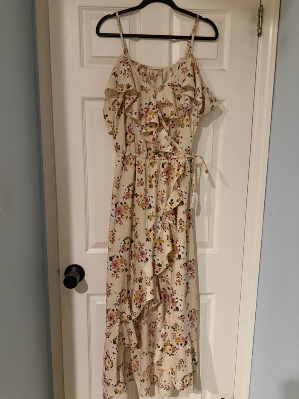 Blush Cream Floral Ruffle Maxi Dress with Pink & Yellow croquette fairy praire